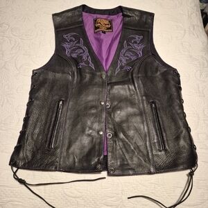 Milwaukee Leather women's black & purple adjustable leather embroidered vest EUC